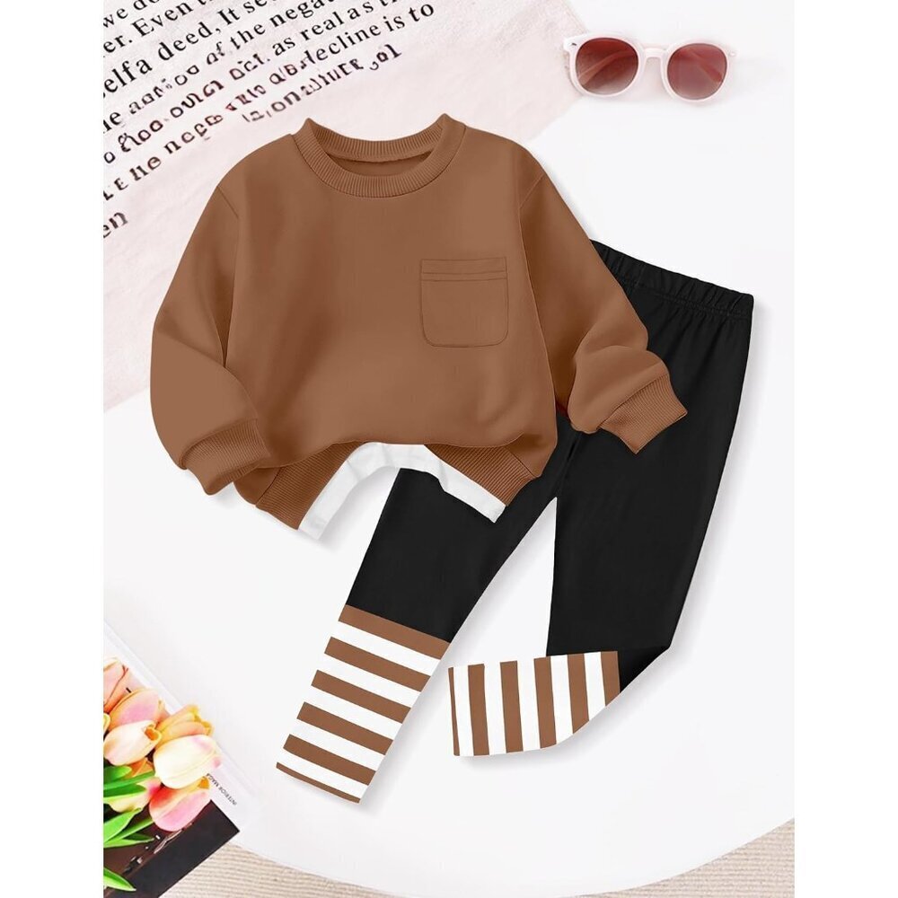 Little Girls Clothes 2Pcs Girls Outfits Pullover Sweatsuit Patchwork Striped Leg - Picture 7 of 7